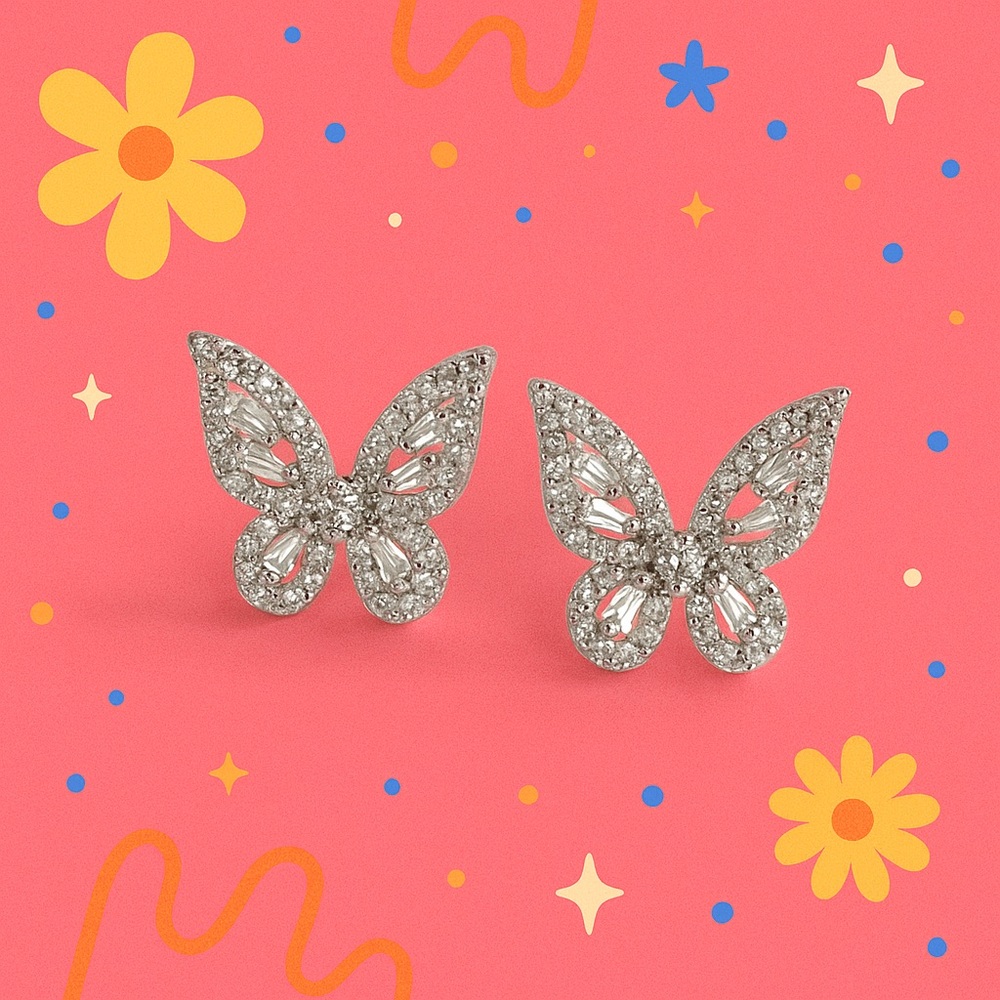Silver Butterfly Stud Earrings with Sparkling Details
